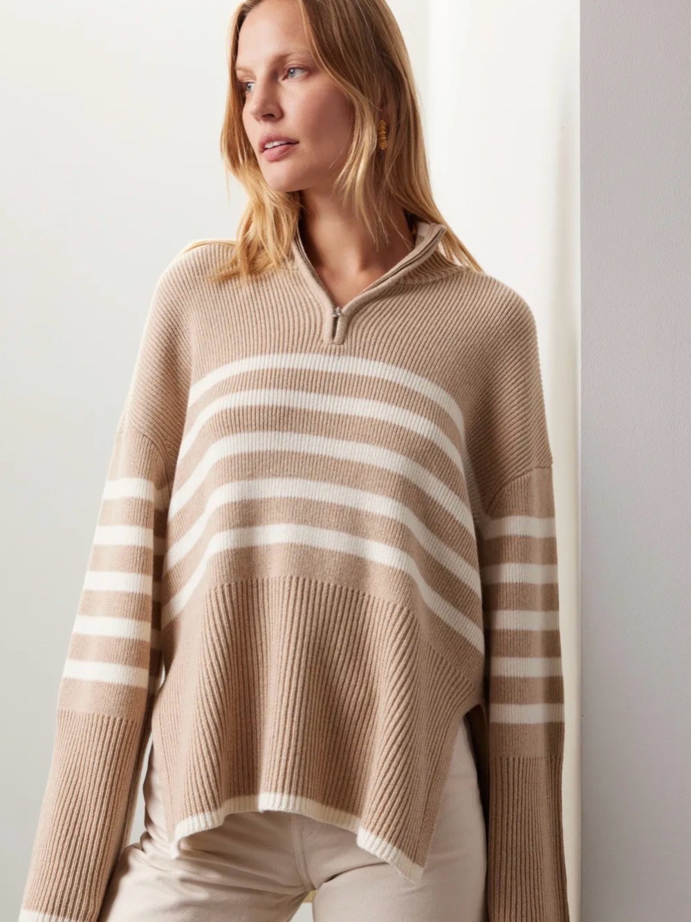 Rails Beige Striped Half-Zip Sweater